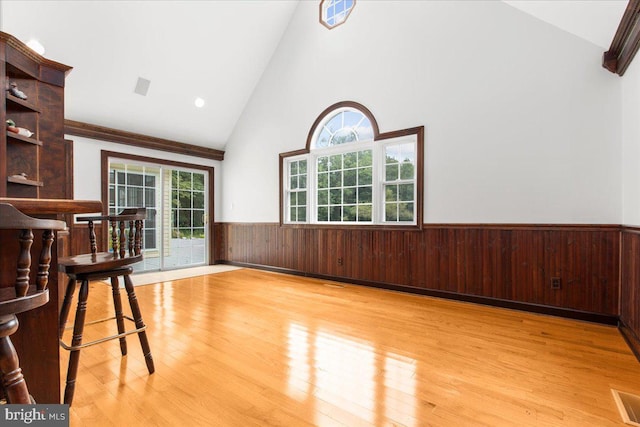 interior space with a healthy amount of sunlight, high vaulted ceiling, and light hardwood / wood-style flooring