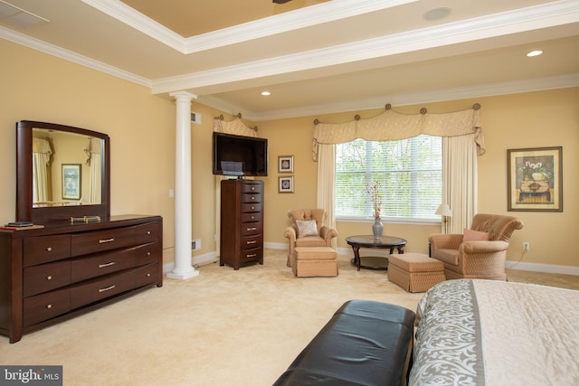 bedroom with ornamental molding, light carpet, and decorative columns