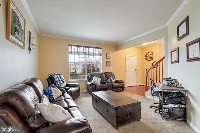 living room featuring light carpet and ornamental molding