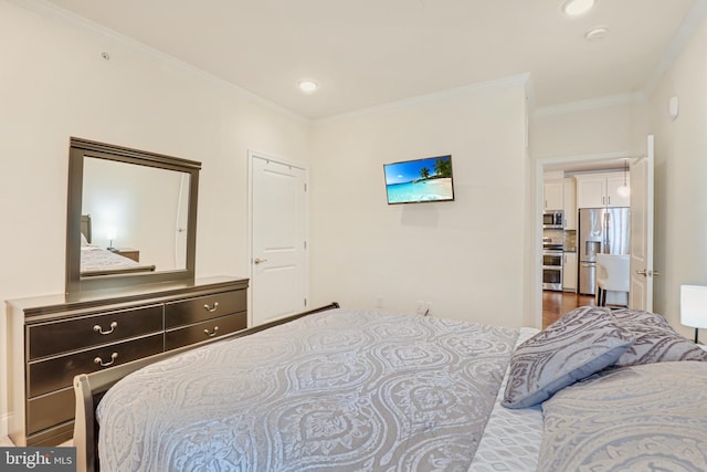 bedroom with stainless steel fridge and ornamental molding