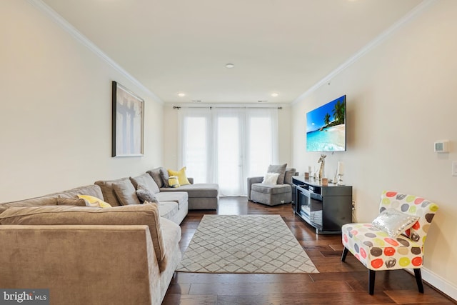 living room with crown molding and dark hardwood / wood-style flooring