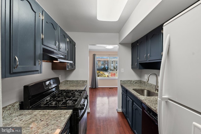 kitchen featuring light stone countertops, dark hardwood / wood-style flooring, exhaust hood, sink, and black appliances