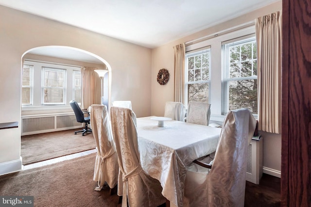 dining area featuring dark carpet