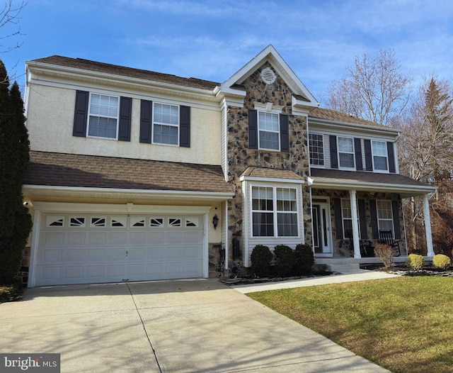 view of front of home featuring a front yard, a porch, and a garage