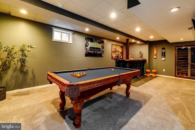 playroom with carpet, a paneled ceiling, and billiards