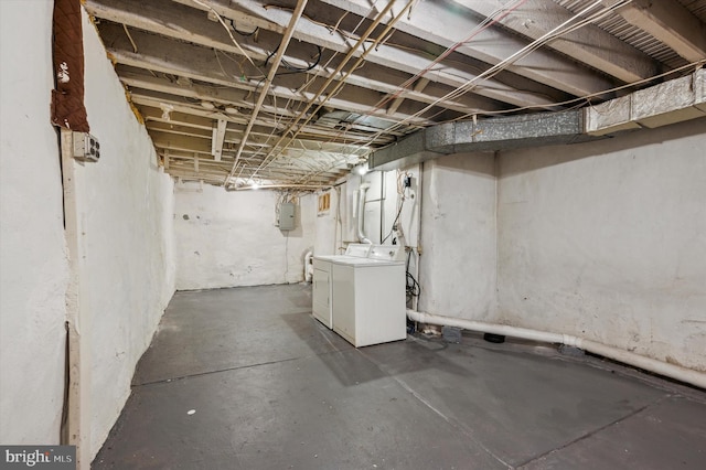 basement featuring washer and dryer and electric panel