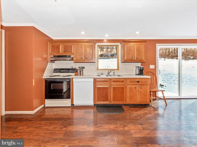 kitchen featuring dark hardwood / wood-style flooring, white appliances, crown molding, and sink