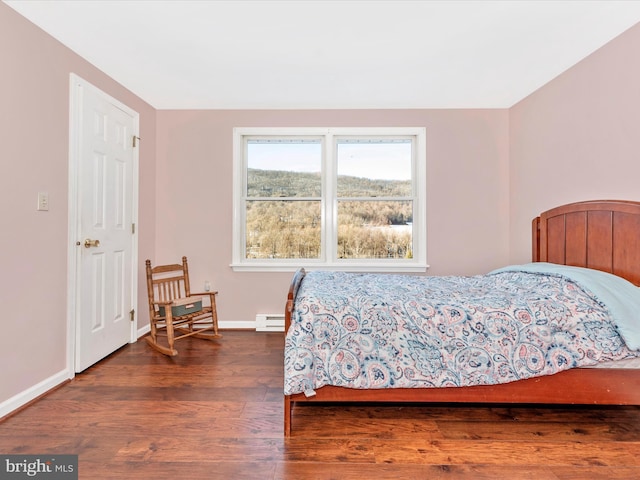 bedroom featuring dark hardwood / wood-style floors and a baseboard heating unit