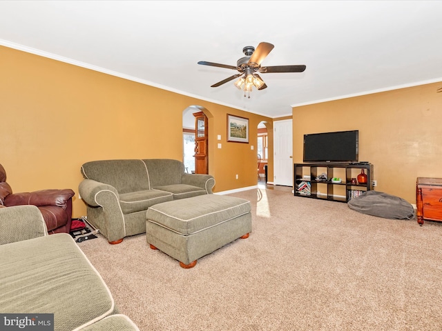 living room with ceiling fan, carpet, and ornamental molding