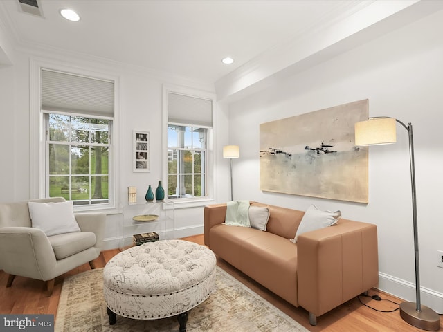 sitting room featuring wood-type flooring and ornamental molding