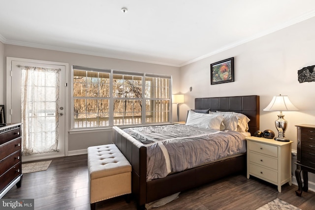 bedroom featuring dark hardwood / wood-style flooring and crown molding