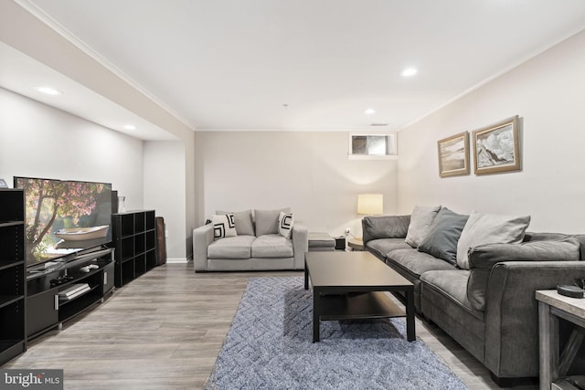 living room featuring crown molding and wood-type flooring