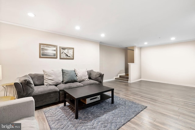 living room featuring crown molding and hardwood / wood-style floors