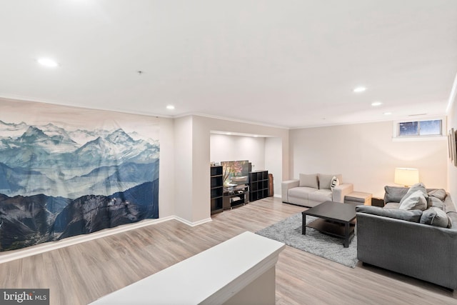 living room featuring light hardwood / wood-style floors and crown molding