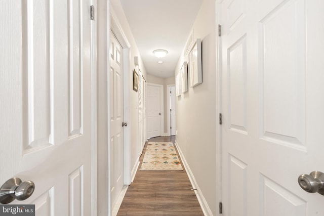 hallway with dark hardwood / wood-style flooring