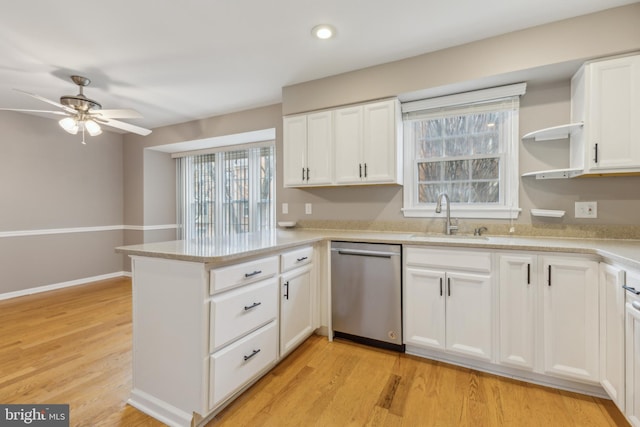 kitchen featuring sink, white cabinets, ceiling fan, kitchen peninsula, and stainless steel dishwasher