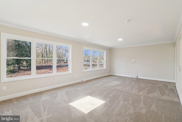 unfurnished room featuring light carpet and crown molding