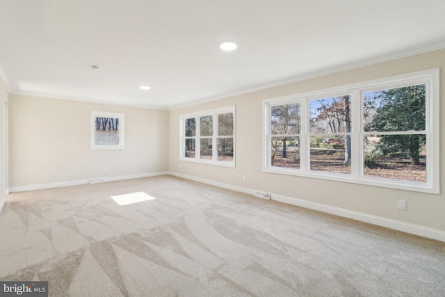 carpeted spare room with ornamental molding