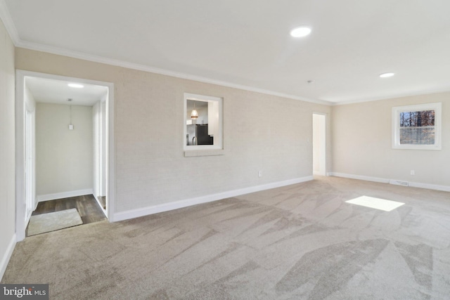 empty room featuring carpet flooring and crown molding