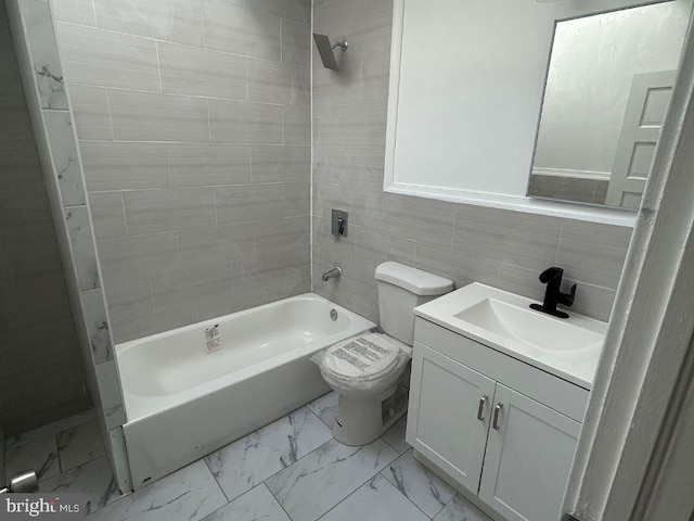 full bathroom with toilet, tile walls, shower / bathtub combination, vanity, and backsplash