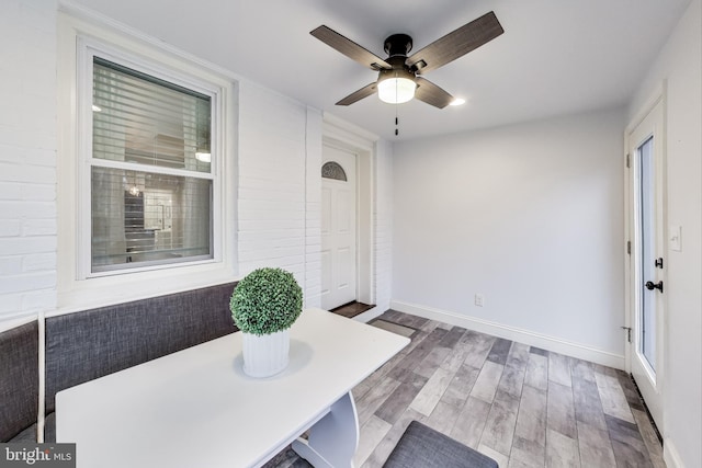 interior space with ceiling fan