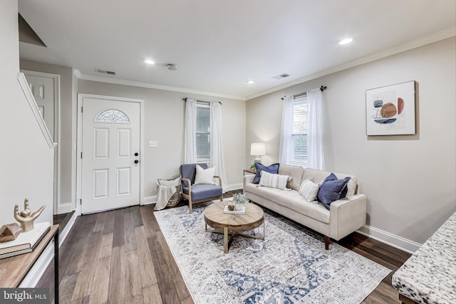 living room featuring crown molding and dark wood-type flooring