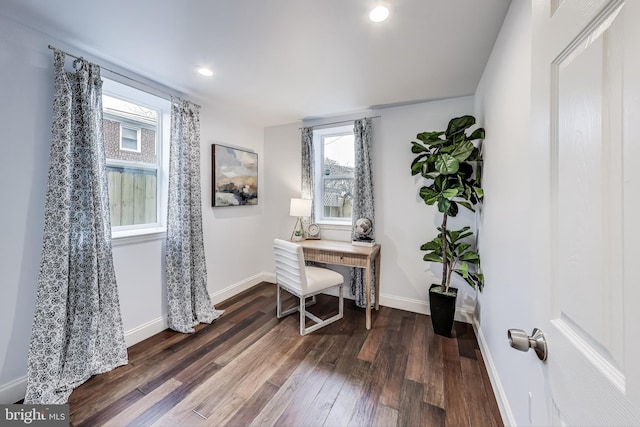 office area featuring dark wood-type flooring