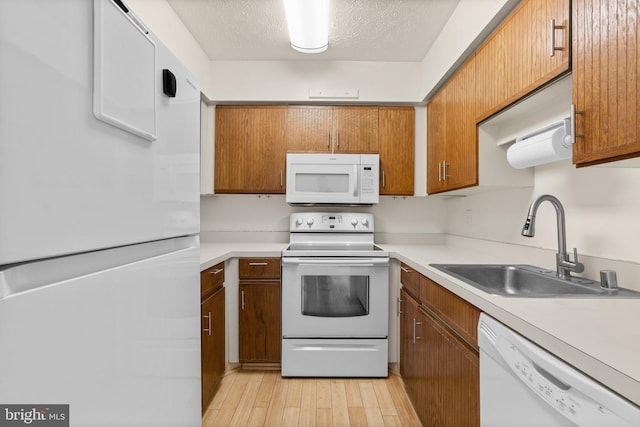 kitchen featuring light wood-type flooring, a textured ceiling, white appliances, and sink