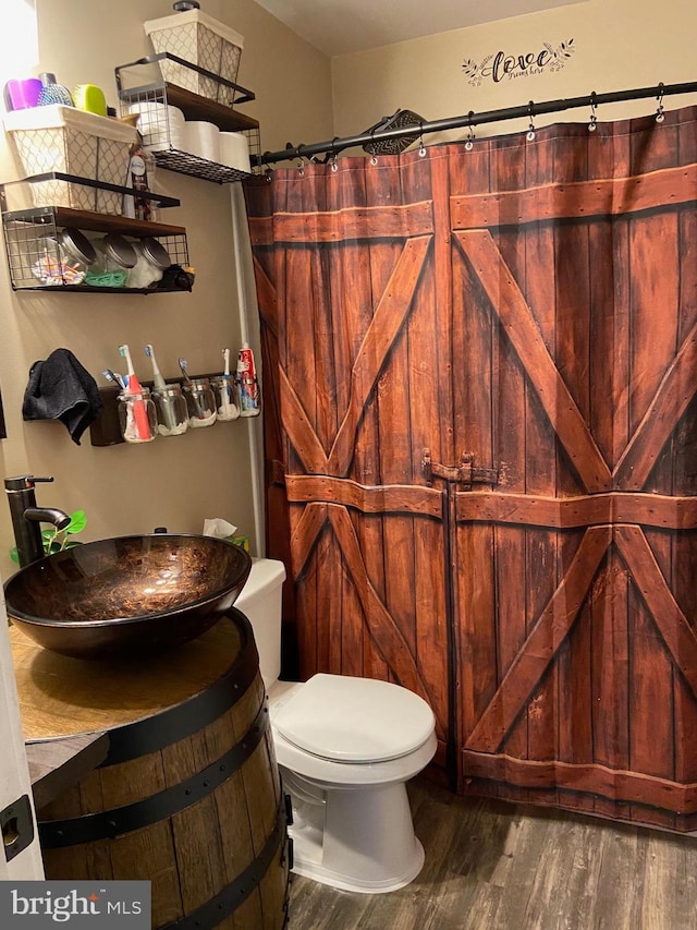 bathroom featuring toilet, wood-type flooring, vanity, and curtained shower