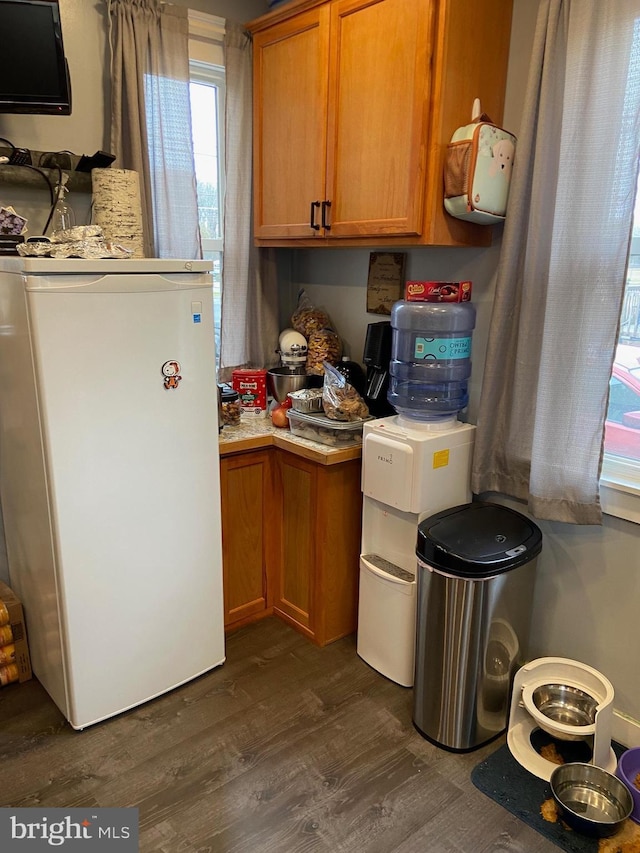 kitchen featuring fridge and dark hardwood / wood-style floors