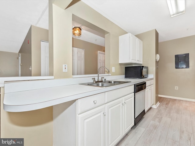 kitchen featuring sink, electric panel, white cabinets, stainless steel dishwasher, and kitchen peninsula