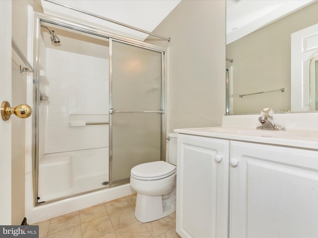 bathroom with walk in shower, vanity, and toilet