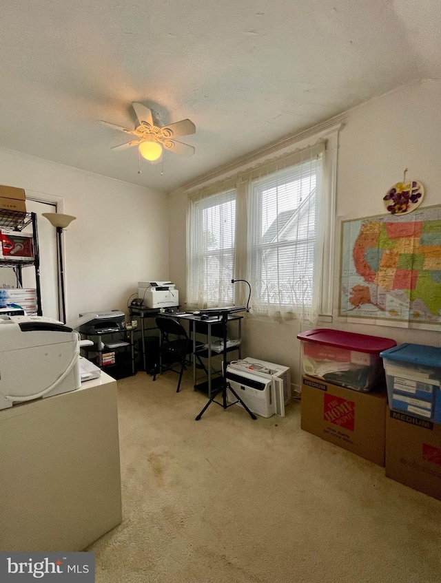 office space featuring a textured ceiling, light colored carpet, vaulted ceiling, and ceiling fan