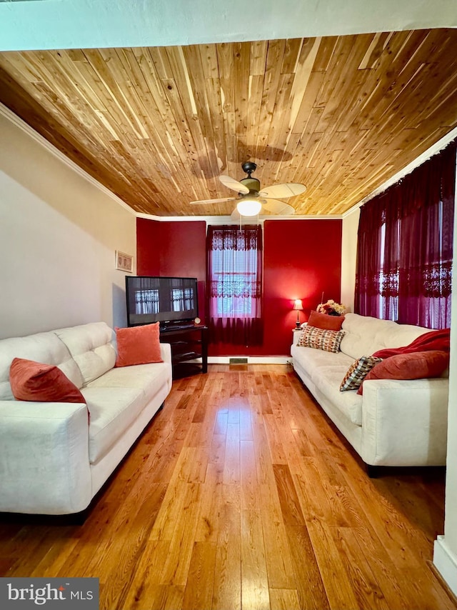 unfurnished living room featuring crown molding, ceiling fan, wooden ceiling, and hardwood / wood-style flooring