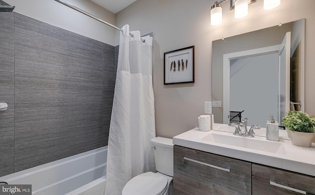 full bathroom with vanity, toilet, and shower / bathtub combination with curtain