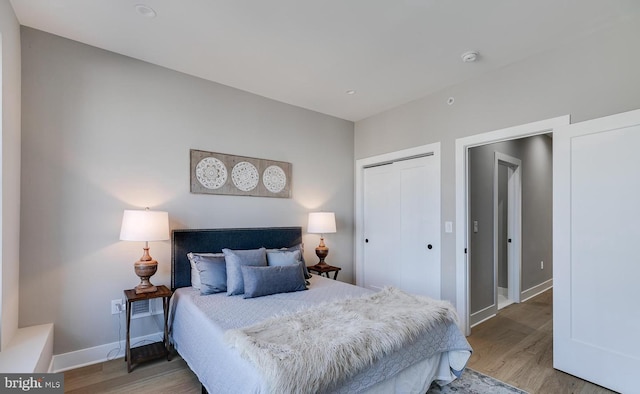 bedroom featuring wood-type flooring and a closet