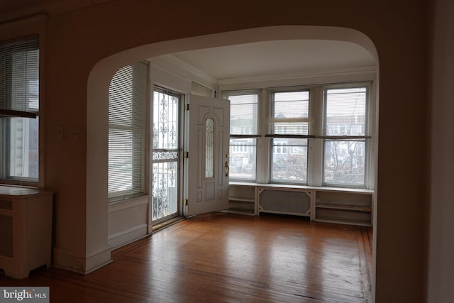 foyer entrance with a wealth of natural light, dark hardwood / wood-style flooring, and crown molding