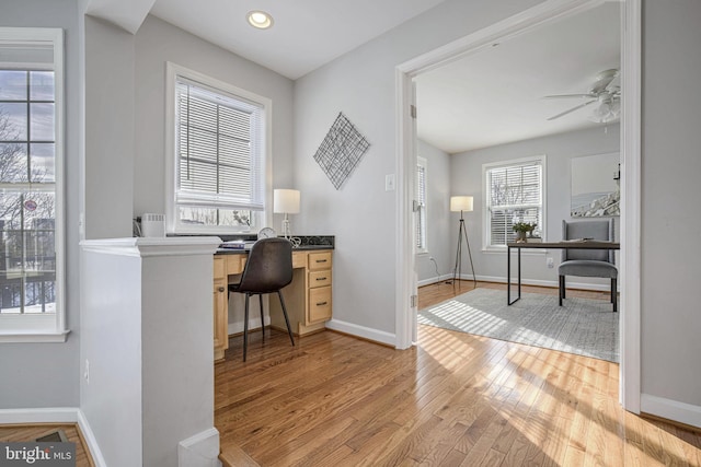 office featuring ceiling fan and light hardwood / wood-style floors