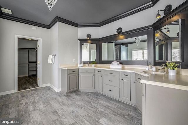 bathroom with hardwood / wood-style floors, vanity, and crown molding