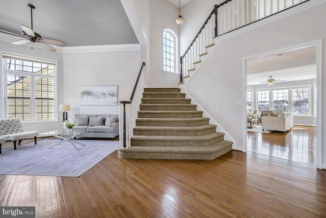 stairs with hardwood / wood-style floors, ceiling fan, and ornamental molding