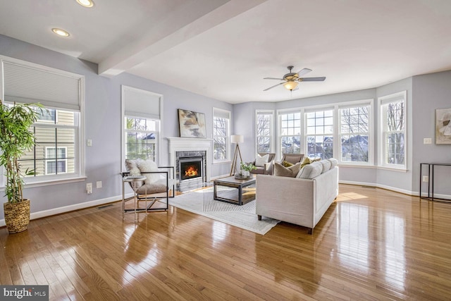 living room with a fireplace, ceiling fan, and light hardwood / wood-style flooring