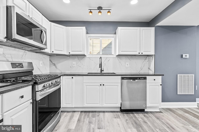 kitchen with sink, white cabinets, light wood-type flooring, and appliances with stainless steel finishes