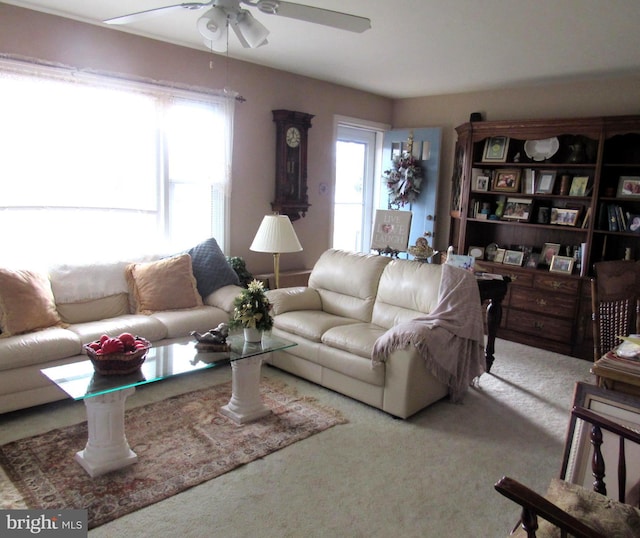 carpeted living room featuring ceiling fan