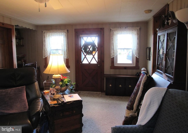 interior space featuring carpet flooring, a wealth of natural light, and ceiling fan