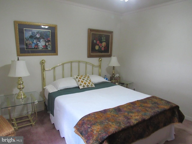 carpeted bedroom featuring ornamental molding