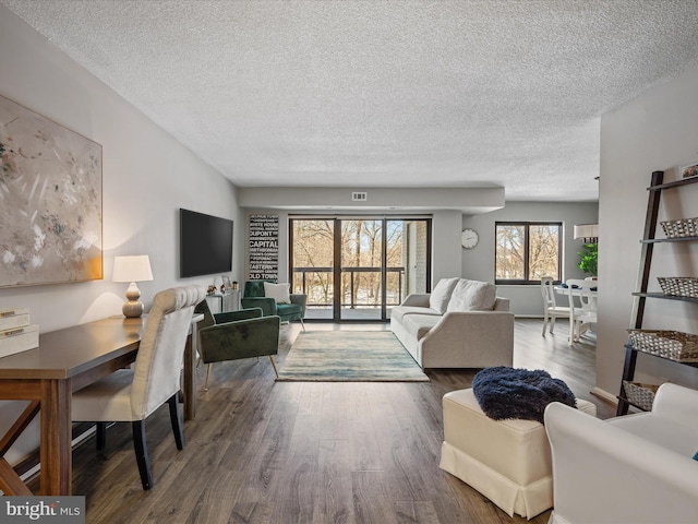 living room featuring a textured ceiling and hardwood / wood-style floors