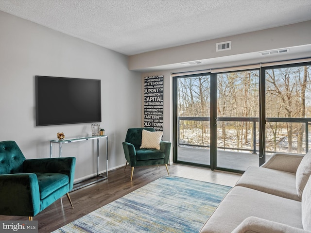 living room featuring hardwood / wood-style flooring and a textured ceiling