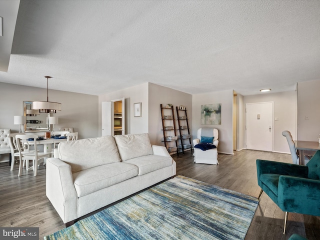 living room featuring a textured ceiling and hardwood / wood-style floors