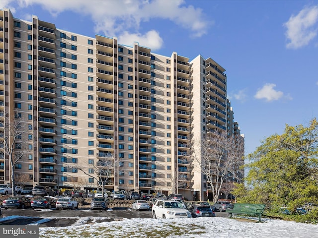 view of snow covered building