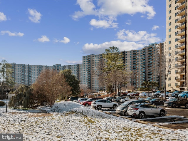 view of snow covered building